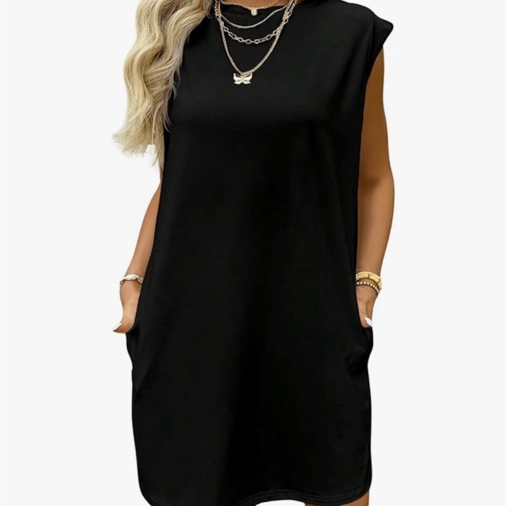 T-Shirt Dress Women's XL Black with 2 pockets and cap sleeves